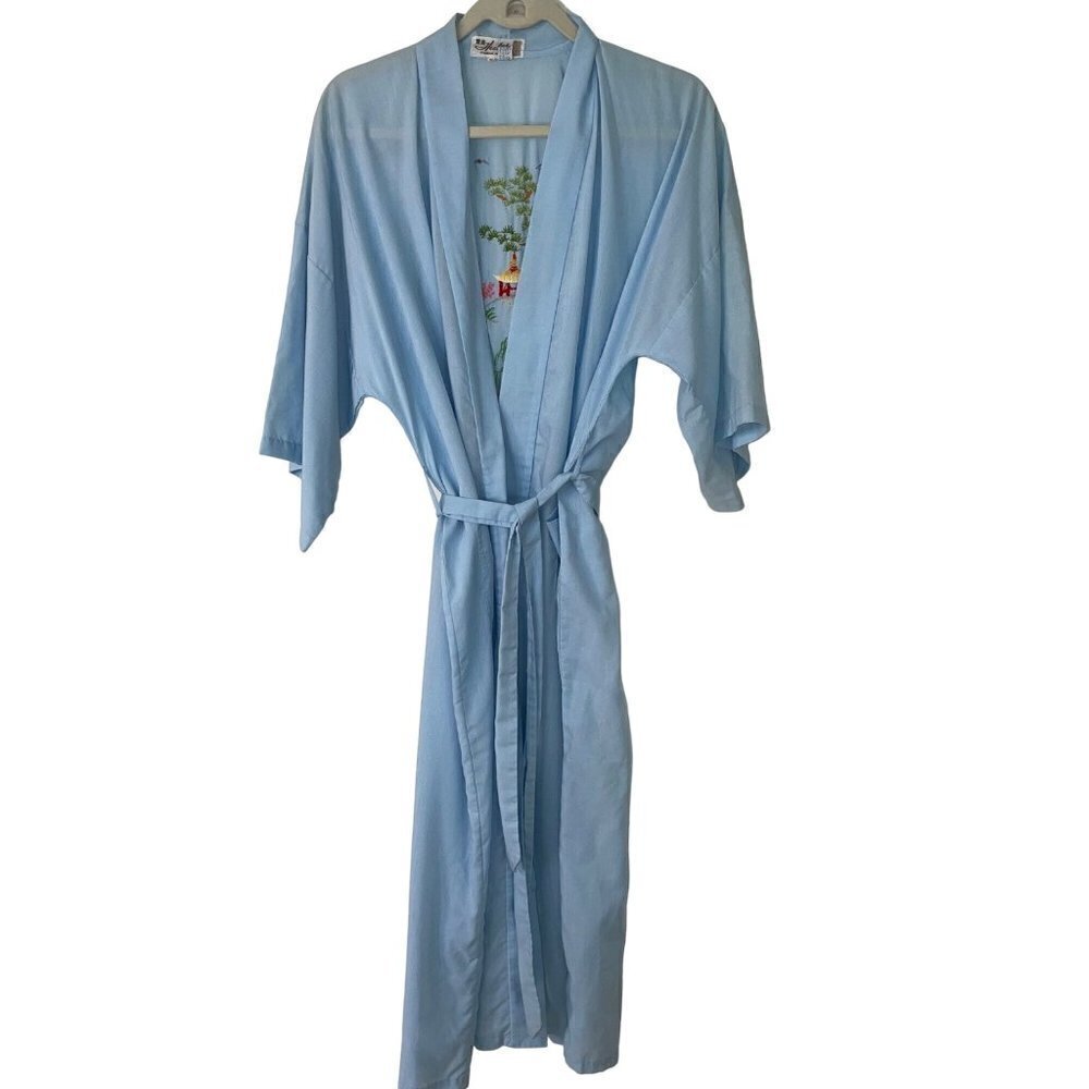 Health Vintage Womens Robe Size Medium Light Blue Hand Embroidered Tie Waist